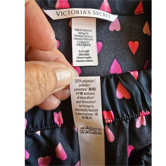 Victoria's Secret Satin Long Pajama Set Lounge Sleep Black Pink Hearts PJs Small - Picture 10 of 14